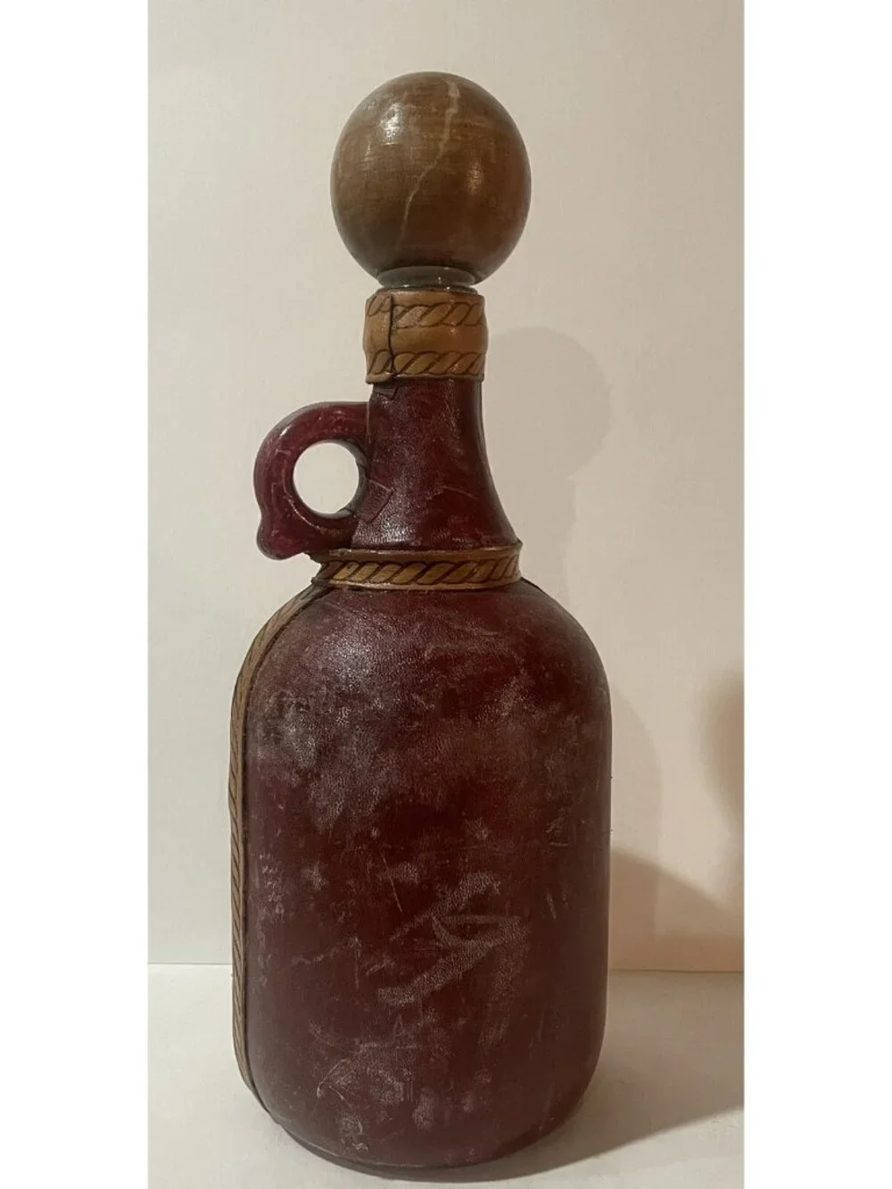 Fausto Corduri-Leather Wrap Nautical Liquor Bottle w Clipper Ship Flag Wood Top